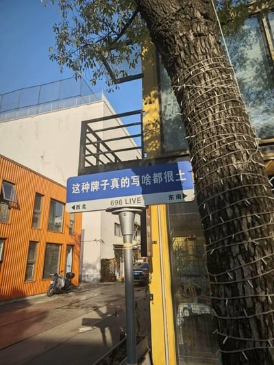 这是一张户外实拍的创意园区场景图，画面核心是一个模仿正式路牌样式的蓝色指示牌，牌面上用白色字体写着自嘲的文字「这种牌子真的写啥都很土」，下方标注着「696 LIVE」，还有分别指向「西北」和「东南」的方向箭头。背景里，左侧是橙色外墙的低层建筑，墙边停着一辆摩托车；右侧是一棵缠满白色灯带的大树，旁边是黄色框架的玻璃门；远处能看到园区的其他建筑和停放的车辆，整体氛围轻松有趣。路牌的吐槽文字和其本身的路牌形式形成反差，制造出幽默自嘲的效果。