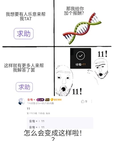 这是一张四格合成梗图，描绘了问答社区用户的离谱遭遇：第一格中用户发出求助，配文“我想要有人乐意来帮我TAT”；第二格用DNA双螺旋图案结合文字“那我给你加个报酬？”，玩了“报酬”与DNA“配对”的谐音梗，暗示为求助设置奖励；第三格用户满怀期待，认为“这样就有更多人来帮我解答了罢”，结果第四格中，设置经验+11的奖励后，评论区用户全都只发“11”来刷经验，完全没有帮忙解答问题，用户用震惊的抽象表情包表达崩溃，配文“怎么会变成这样啦？”，整体通过反差感制造笑点，讽刺了社区中用户为了奖励灌水、忽略求助本质的现象。
