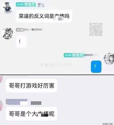 这是一张由上下两部分拼接而成的聊天记录截图，上半部分是QQ群聊场景：LV53管理员抛出疑问“菜逼的反义词是内棒吗”，群成员分别发出感叹号和问号，表现出疑惑不解；下半部分是一段对话，先是夸赞“哥哥打游戏好厉害”，紧接着话锋一转，用撒娇的语气说出“哥哥是个大内棒呢”。
这里运用了谐音梗，将“菜逼”的反义概念和“内棒”结合，通过亲昵的称呼和反差感的表述制造出搞笑的调侃效果，把游戏打得好的玩家用带有谐音梗的词汇调侃，形成笑点。
