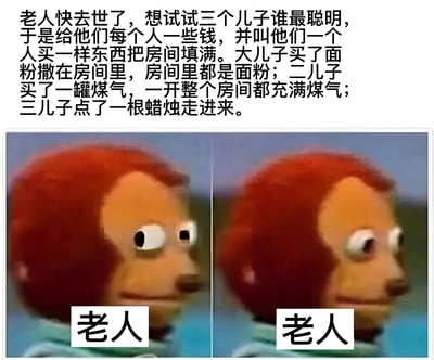 图片上半部分为文字故事，讲述老人临终前测试三个儿子谁更聪明，要求他们用一样东西填满房间：大儿子用面粉，二儿子用煤气，三儿子却点蜡烛走进充满煤气的房间。下半部分是两张并排的卡通 puppet 面部特写，均标注“老人”，表情呈现出明显的震惊和错愕。故事通过三儿子的荒诞行为制造黑色幽默效果，突显其行为的危险性与不合理性。