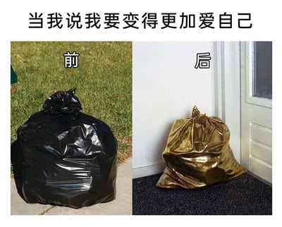 这是一张左右对比的静态梗图，顶部配有主题文字‘当我说我要变得更加爱自己’。左侧标注‘前’，展示的是被放置在户外人行道旁的黑色普通垃圾袋，给人一种被随意丢弃、不受重视的感觉；右侧标注‘后’，展示的是被放置在室内门口地垫上的金色亮面垃圾袋，质感华丽，放置位置也更显‘被珍视’。图片用两种垃圾袋的外观和所处环境的强烈反差，以幽默戏谑的方式调侃‘爱自己’就是将自身从‘被当作垃圾丢弃’的状态，转变为‘被精心包装、珍视’的状态，精准贴合当下年轻人对自我关怀的趣味化表达，用夸张的比喻传递出重视自我的心态。