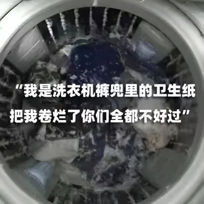 图片展示了洗衣机滚筒内部的场景，里面充满了被搅碎的卫生纸碎屑和正在洗涤的衣物，卫生纸碎屑缠绕在衣物上，显得一片狼藉。图片中央叠加了一段拟人化的文字：“我是洗衣机裤兜里的卫生纸 把我卷烂了你们全都不好过”，以幽默的方式调侃了忘记从裤兜取出卫生纸就放进洗衣机洗涤后造成的混乱状况，生动展现了这一常见的家务小灾难。