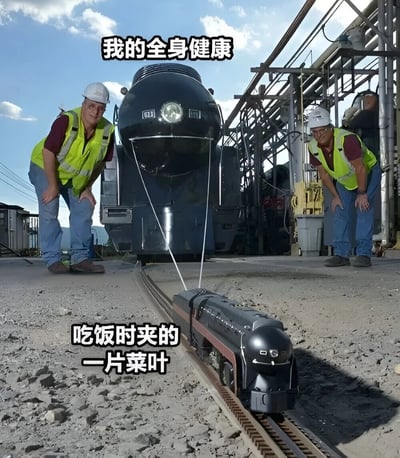 图片展示了两名身穿黄色安全背心和白色安全帽的工人，站在一个大型黑色火车头旁，背景是工业设施和蓝天白云。前景轨道上有一个小型玩具火车模型。图片上方配有文字“我的全身健康”，下方配有文字“吃饭时夹的一片菜叶”，通过大型火车与小型玩具火车的强烈大小对比，幽默地比喻一片菜叶对整体健康的微小影响，营造出调侃和搞笑的效果。