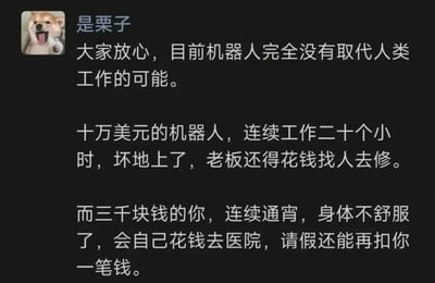 这是一张社交媒体截图，用户“是栗子”使用柴犬表情包作为头像，发布了一段幽默吐槽文字。内容通过对比“十万美元的机器人连续工作二十小时后损坏，老板需花钱维修”与“三千块工资的打工人连续通宵后身体不适，会自己花钱去医院，请假还会被扣钱”，以讽刺的方式论证“机器人完全没有取代人类工作的可能”，实则揭示了职场中对底层劳动者的剥削现状，语言风格接地气且充满黑色幽默。
