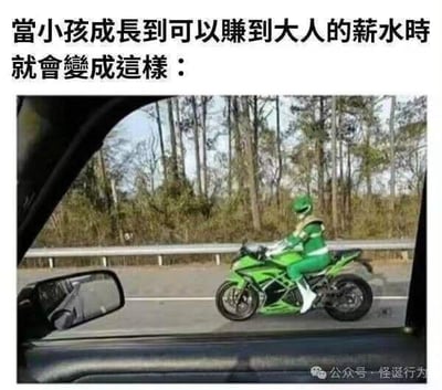 这张梗图上方配有文字：“当小孩成长到可以赚到大人的薪水时就会变成这样：”，下方是从汽车内向外拍摄的公路场景：一名身着经典特摄作品《恐龙战队兽连者》里绿衣战士全套制服的真人，正骑着一辆同色系的绿色大排量摩托车行驶在公路上，背景是路边的树林与护栏。

这个梗的核心笑点在于，很多人童年时期都有成为特摄英雄的幻想，当成年后拥有经济能力，就可以通过购买cos服装和心仪的摩托车来实现小时候的“英雄梦”，用这种具象化的画面调侃成年人终于有能力满足童年的天真愿望，充满反差感和治愈感。