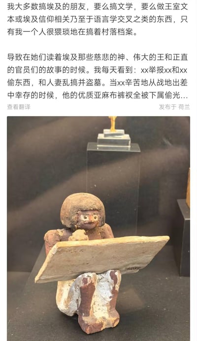 这张图片展示了一位研究埃及学的学者对自己研究方向的幽默吐槽。图片上方是文字内容，讲述了作者与其他埃及学研究者的研究差异：朋友们都研究文学、王室文本或信仰相关的宏大主题，而作者则专注于研究村落档案，每天面对的都是村民间的盗窃、通奸等琐碎事务记录。图片下方是一尊古埃及风格的雕像，雕像人物正专注地阅读/书写着石板，与文字内容中描述的