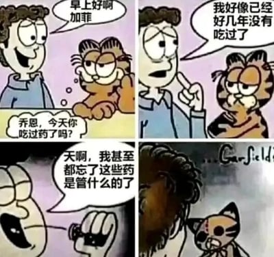 这是一组对经典卡通《加菲猫》进行二次创作的四格连环漫画，前三个格保持原作的轻松画风，第四格突然转为暗黑诡异风格。第一格中，乔恩笑着和加菲猫打招呼，加菲猫却皱着眉反问乔恩是否吃过药；第二格乔恩疑惑地表示自己已经好几年没吃药了；第三格乔恩拿着药瓶，惊恐地说自己忘了药的用途；第四格画风突变，乔恩和加菲猫都变得诡异扭曲，暗示了乔恩没吃药的可怕后果——他和加菲猫的异常状态正是因为没有服药维持，原本轻松的日常瞬间反转成暗黑惊悚的场景，用反差感制造搞笑又诡异的效果。
