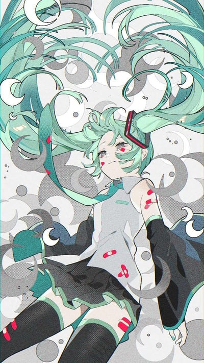 这是一幅动漫风格插画，描绘了一位青绿色长发的少女角色。她有着白皙的皮肤，脸颊上有红色印记，佩戴着红色机械耳饰。角色呈漂浮姿态，长发飘逸四散，背景是由灰色和白色的圆形、月牙形图案构成的抽象设计。角色穿着灰色上衣和黑色短裙，搭配黑色长筒袜，衣物和皮肤上散落着红色药丸状装饰。整体色调以青绿色、灰色和白色为主，营造出梦幻而略带神秘的氛围。