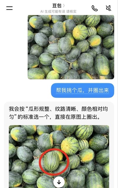 这张作品是对经典网络梗“华强买瓜”的现代化改编创作，设定该场景发生在2026年，原本华强线下挑瓜的情节变成了用户通过AI工具豆包线上选瓜：图中展示了豆包的聊天界面，上方是用户上传的大量西瓜堆放的实拍图，用户发送消息要求豆包帮忙挑瓜并圈出，下方是豆包的回复，说明将按照瓜形规整、纹路清晰、颜色均匀的标准选瓜，同时在返回的西瓜图片里用红色圆圈标注出了符合要求的西瓜，整体创作贴合当下AI工具普及的趋势，用玩梗的方式展现了未来生活的可能性，风格诙谐有趣。