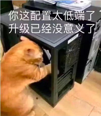 一只橘猫正用爪子扒拉着黑色电脑主机，图片上方配有文字“你这配置太低端了 升级已经没意义了”。这张图通过将猫咪拟人化，幽默地表现出对电脑配置的调侃，仿佛猫咪是一位懂行的“电脑专家”在对主机配置做出评价，营造出一种反差萌的搞笑效果。