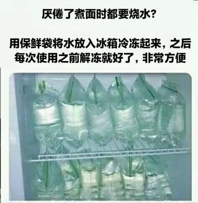 这是一张分享生活实用小技巧的图文混排图，上方文字先抛出“厌倦了煮面时都要烧水？”的日常痛点，紧接着给出解决方案：用保鲜袋将水装好放入冰箱冷冻，之后需要煮面时提前解冻即可，能节省临时烧水的等待时间。下方配图为冰箱内部实拍图，展示了多个整齐摆放、装满水冻好的保鲜袋，直观呈现了该技巧的实际操作成果，让读者能清晰理解如何践行这个小妙招。