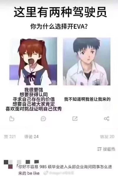 这张梗图通过对比新世纪福音战士中的两个角色来幽默地展现两种不同的工作态度。上方文字写着"这里有两种驾驶员 你为什么选择开EVA?"，左侧是明日香激动地说"我很要强 想要获得认同 寻求自己存在的价值 想要自己被大家肯定 喜欢面对挑战证明自己优秀"，右侧是碇真嗣困惑地回答"我不知道啊我爸让我来的"。图片下方有社交媒体互动数据显示221赞、24评论、20转发。