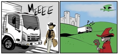 这是一幅由两格组成的连环卡通漫画，玩了日式异世界穿越题材的经典梗。左格为现代都市的斑马线场景，一辆车头标注“TRUCK-KUN”的白色卡车发出“MEEEE”的鸣笛声，旁边站着一位表情疑惑、双手插兜的牛仔风格男子；右格切换为奇幻异世界场景，远处矗立着城堡，天空飞着一只绿色小龙，这辆现代卡车却出现在绿色山坡的道路上，路边的红衣小巫师头顶冒出问号，满脸困惑，显然对这个突兀出现的现代交通工具无法理解。漫画将原本负责“送”主角穿越的“卡车君”设定为自己穿越到异世界，反向玩梗，制造出荒诞的喜剧效果。