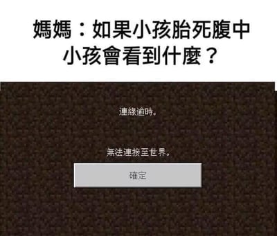 这是一张上下结构的图文混排梗图，上方是文字提问：“妈妈：如果小孩胎死腹中，小孩会看到什么？”，下方是沙盒游戏《我的世界》的连接失败界面，显示“连线逾时。无法连接至世界。确定”。
这张图用黑色幽默的方式玩梗，将胎死腹中的孩子没能来到现实世界的状态，类比成游戏中无法进入游戏世界的情况，用游戏界面的提示来回应沉重的提问，形成强烈的反差感。从现实角度来说，胎死腹中的胎儿已经失去生命体征，不存在视觉感知，不会看到任何事物。