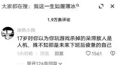 这是一张社交媒体评论区的静态截图，界面顶部显示搜索热词“我这一生如履薄冰”，下方标注该内容共有1.9万条评论。用户“涂鸦小狗”发布了一条获得1561个赞的评论，内容为“17岁时你以为你玩游戏杀掉的呆滞敌人是人机，殊不知那是未来下班后疲惫的自己”，该评论以幽默的游戏梗，将年少时游戏里的呆滞敌人与长大后职场下班后疲惫的自己关联起来，精准调侃了当代年轻人的职场疲惫状态，容易引发年轻群体的共鸣，评论下方还有126条回复。