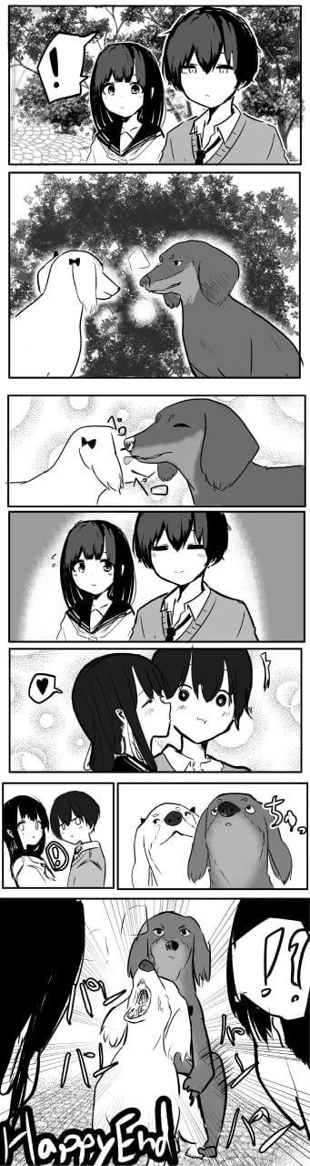 这是一组黑白日式风格连环漫画，讲述了校园小情侣的趣味日常：
1. 开篇一对穿着校服的小情侣看到两只狗狗的互动，露出惊讶的表情；
2. 画面切换到两只狗狗，浅色狗狗和深色狗狗贴在一起，看起来正在亲昵互动；
3. 狗狗的互动进一步升级，近距离贴脸，像是在接吻；
4. 画面切回小情侣，两人脸上都露出有点害羞又向往的神情；
5. 随后女生主动亲了男生，男生一脸发懵；
6. 镜头再次给到狗狗，浅色狗狗露出震惊的表情，深色狗狗则是得意的样子；
7. 最后一幕神反转，浅色狗狗直接扑上去和深色狗狗扭打在一起，小情侣看得目瞪口呆，漫画底部标注着“快乐结局”。
整个故事通过情侣模仿狗狗亲昵，再到狗狗的后续发展完全反转，制造出强烈的搞笑效果。