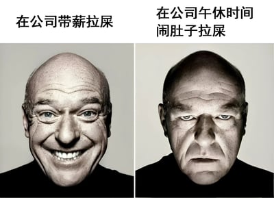 这是一张左右对比的静态图文混排图，左侧画面中一名秃头男性面带灿烂笑容，上方配有文字“在公司带薪拉屎”；右侧为同一名男性，表情严肃且眉头紧锁，上方文字为“在公司午休时间闹肚子拉屎”。通过两张几乎相同人物但截然不同的表情对比，幽默地展现了职场中主动“带薪拉屎”与被动“闹肚子拉屎”两种情境下的心态差异，左侧是轻松愉悦，右侧则显无奈痛苦。