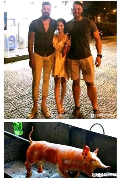 这是一张上下拼接的对比梗图，上图呈现的是夜晚户外的日常合影场景：一位身着黄色连衣裙的女生站在两位身材健硕的男士中间，三人姿态亲密地对着镜头微笑合影；下图则是一只被架在火上烤制的乳猪，表皮呈现出烤制后的油亮色泽。这张梗图通过将上图三人的站位形态与下图烤乳猪的身体结构进行视觉联想，把两位男士对应成乳猪的前后腿，中间的女生对应乳猪的身体部分，以这种荒诞又巧妙的形态呼应制造出强烈的搞笑效果，调侃女生被夹在壮男中间的画面与烤乳猪的外形高度相似。