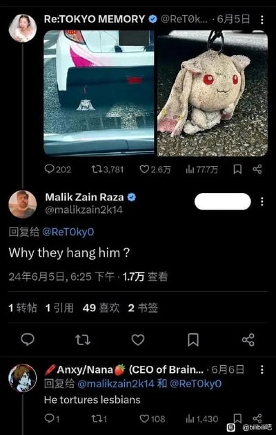 这是一张 Twitter 对话截图，显示了一个关于毛绒玩具的有趣讨论。原始推文包含两张图片：一张是车底的小型毛绒玩具，另一张是挂着的类似毛绒玩具。一位用户提问“Why they hang him?”，另一位用户幽默回复“He tortures lesbians”，形成了一个搞笑的对话场景。