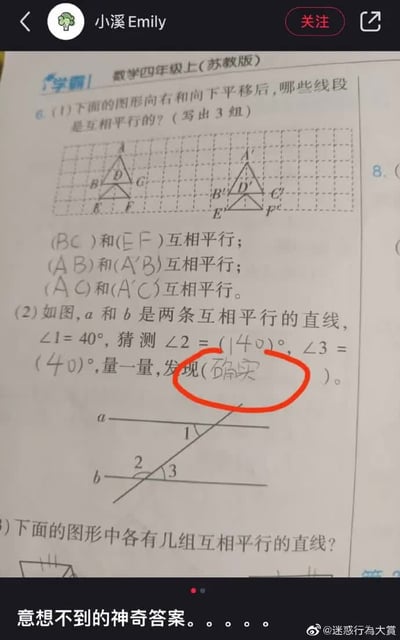 这是一张社交媒体用户分享的截图，内容为苏教版四年级上册的数学练习册页面，展示了小学生的答题内容：第6题第(2)小题给出两条平行直线被斜线切割的图示，已知∠1为40度，要求学生先猜测∠2和∠3的度数，再实际测量后填写发现。学生正确算出∠2为140度、∠3为40度，但在“发现”的填空栏中填写了口语化的“确实”二字，该回答被用红色圆圈特别标注出来。截图顶部显示分享用户为“小溪Emily”，底部配文“意想不到的神奇答案。。。。。。”，右下角带有“@迷惑行為大賞”的水印。