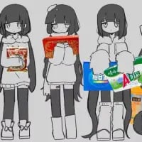 这是一张由三个相同形象的长发齐刘海卡通女孩组成的多图拼接画，女孩身着带毛领的上衣与长靴，全程保持平静冷漠的表情。从左至右，女孩分别手持一包红色包装零食、一包红色包装零食，以及一组包含蓝色、绿色包装的饮品与零食，整体采用简洁的线稿风格绘制，无任何对白内容，直观呈现出展示不同零食的场景。