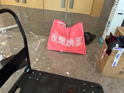 室内地面凌乱，散落着塑料包装、纸屑等垃圾，中央放着一个粉色的‘letspring’购物袋，袋子正面印着醒目的白色大字‘我是跳蛋’。背景可见木质双开门，右侧有堆放的纸箱和一个白色设备。整体场景给人一种随意、略带搞笑的感觉，因购物袋上的文字与日常物品形成反差萌。