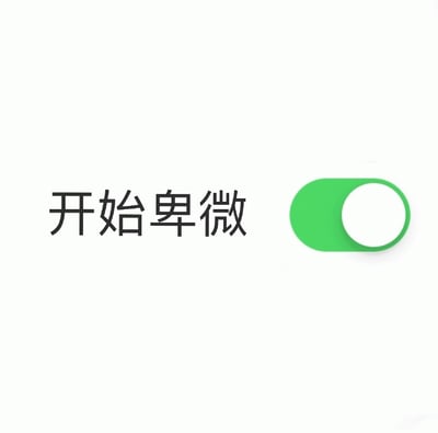 图片为白色背景，左侧有黑色文字“开始卑微”，右侧是一个绿色的 toggle 开关，处于开启状态。整体构图简洁，通过常见的 UI 元素（开关）与文字结合，形象地表达一种“开启卑微模式”的自嘲或幽默意味，常用于社交媒体中表达无奈、顺从的情绪状态。