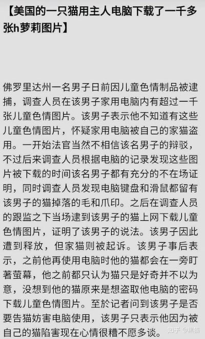 这是一张纯文字的社交媒体截图，内容讲述了一个荒诞的故事：美国佛罗里达州一名男子因电脑中发现一千多张儿童色情图片被逮捕，他声称是自己的猫下载的。故事中提到调查人员发现电脑上有猫毛和爪印，甚至当场抓到猫在下载图片，最终男子被释放而猫被起诉。这显然是一个编造的幽默讽刺故事，利用了"猫背锅"的荒诞情节制造笑点。