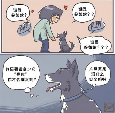 这是一幅上下两格的连环漫画。上格中，一位戴眼镜、灰发的女孩弯腰面向一只黑色狗狗，脸颊微红，周围有爱心符号，她接连用三个语气递进的问句“谁是好姑娘？”“谁是好姑娘？？”“谁是好姑娘？？？”向狗狗提问，狗狗则发出“Ruff!”的叫声回应。下格特写狗狗的视角，它吐着舌头，内心无奈地独白：“我还要说多少次‘是你’你才会满足呢？”“人类真是没什么安全感啊”，幽默地展现了宠物视角下人类对肯定和安全感的渴望。