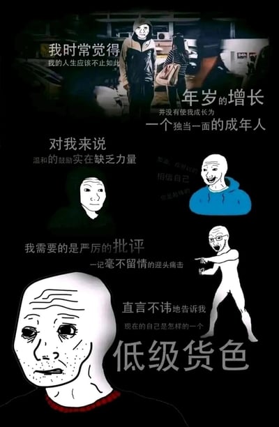 这是一张以Wojak系列卡通形象为载体的图文混排梗图，整体采用深色背景，精准传达出当代年轻人的自我焦虑与成长困惑。图中首先抒发了“自认人生本应更精彩，却始终没能成长为独当一面的成年人”的失落情绪，随后点明温和的鼓励对自己毫无驱动力，反而渴望被严厉批评、迎头痛击，认为只有这种不留情面的方式，才能让自己直面自身的不足，唤醒改变的动力。图中的卡通形象分别对应了麻木沮丧的自我、温和鼓励的外界声音、严厉指责的期望对象，以及充满焦虑的内心状态，生动戳中了部分年轻人在成长过程中缺乏自律动力、需要强刺激来推动自己的心理。
