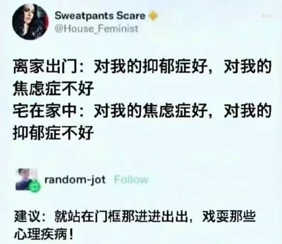 这是一张社交媒体截图，展示了用户“Sweatpants Scare”的推文及其下的一条评论。推文内容描述了出门与宅家对抑郁症和焦虑症的矛盾影响：“离家出门：对我的抑郁症好，对我的焦虑症不好 宅在家中：对我的焦虑症好，对我的抑郁症不好”。评论用户“random-jot”则幽默建议“就站在门框那进进出出，戏耍那些心理疾病！”，以调侃的方式回应这种两难处境。
