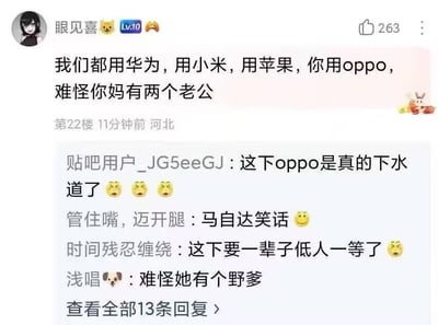 这是一张百度贴吧的评论区截图，顶部是ID为「眼见喜」、等级为Lv10的用户发布的无逻辑恶意辱骂评论，称大家都用华为、小米、苹果，对方用OPPO所以辱骂对方母亲有两个老公，该评论获263个点赞，发布地址为河北，是帖子的第22楼。下方是其他用户的跟评：有用户调侃“这下oppo是真的下水道了”，有用户提及此前同类离谱梗“马自达笑话”，还有用户调侃用OPPO就“要一辈子低人一等”，更有用户跟风辱骂对方，底部显示还有更多回复未展示，整体展现了网络社区中毫无道理的品牌鄙视链、低俗人身攻击的不良风气。