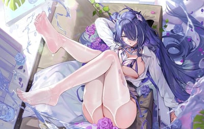 这是一张《崩坏：星穹铁道》角色阮·梅的AI生成同人插画，画面中阮·梅身着紫色系比基尼外搭宽松白衬衫，搭配蕾丝边白色过膝长袜，慵懒地倚靠在点缀紫色玫瑰的靠垫上，双腿自然舒展，周围环绕着梦幻的水花特效，画风精致细腻，色彩以紫白为主，整体氛围慵懒魅惑，凸显出角色性感柔和的气质。