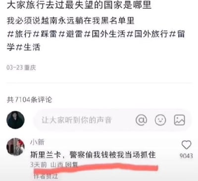 社交媒体截图内容显示，用户发起话题“大家旅行去过最失望的国家是哪里”，并表示“我必须说越南永远躺在我黑名里”，附带#旅行 #踩雷 #避雷 等相关话题标签。截图下方显示共7104条评论，其中高赞评论来自用户“小新”，称“斯里兰卡，警察偷我钱被我当场抓住”，获9043点赞并被作者标记“作者赞过”。整体内容围绕旅行中遇到的负面经历展开，用户分享各自的失望国家及原因。