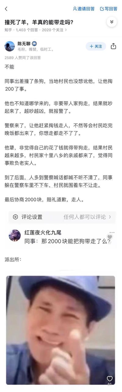 这是知乎上关于「撞死了羊，羊真的能带走吗？」问题的趣味回答，答主@陈无聊分享了同事的反面经历：同事开车撞死村民的狗，村民最初仅要200元私了，但同事执意要带走狗，引发村民集体不满，最终闹到赔偿2000元加赔礼道歉才得以脱身。评论区用户@红莲夜火化九尾玩梗提问「同事：那2000块能把狗带走了么？」，并配上一张真人竖中指的表情包，暗喻派出所的拒绝态度，整体内容搞笑讽刺，凸显不懂当地人情世故的尴尬后果。