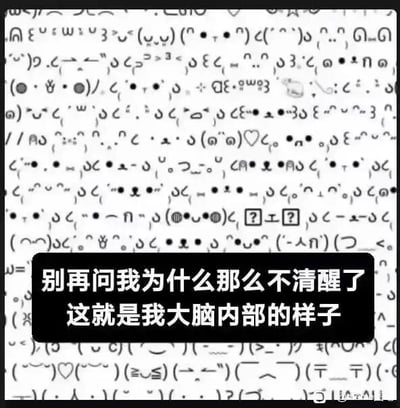 这是一张顶配底文的静态网络梗图，背景由大量毫无逻辑、杂乱排列的字符和颜文字组成，内容完全无法识别，整体呈现出混乱无序的视觉效果。图片下方设置了黑色半透明的文字覆盖层，用白色字体标注了“别再问我为什么那么不清醒了 这就是我大脑内部的样子”，通过背景的混乱状态来比喻自己大脑思绪杂乱、不清醒的状态，是一种自嘲式的幽默表达，能够精准地传递出脑子转不动、思绪一团乱的情绪，容易引发有类似感受的网友共鸣。