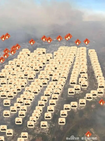 这是一张玩家创作的游戏梗图，背景为现实中山火爆发后烟雾笼罩的区域，画面上密集叠加了模拟经营游戏《都市：天际线》中的建筑着火图标，还点缀着多个游戏内的火灾警告图标。该图用游戏里全城建筑同时起火的夸张视觉效果，类比现实山火的严重程度，精准还原了《都市：天际线》玩家在游戏中遭遇大规模火灾时的崩溃体验，让玩家群体产生强烈共鸣，充满搞笑的玩梗氛围。