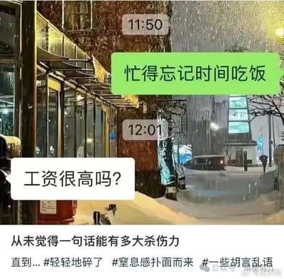 这是一张图文混排的静态内容，主体是聊天记录截图，背景为下雪的城市街道夜景。聊天中，倾诉者在11:50发送消息称自己忙到忘记吃饭，本想表达工作的忙碌辛苦，却得到对方在12:01回复的一句“工资很高吗？”的灵魂拷问，这句话直接戳中职场人忙碌却未必获得对等回报的痛点，打破了忙碌的“自我感动”，带来强烈的反差感与扎心效果。图片下方配有文字“从未觉得一句话能有多大杀伤力，直到...#轻轻地碎了 #窒息感扑面而来 #一些胡言乱语”，进一步渲染出这句话带来的冲击感，精准引发职场群体对付出与回报不对等现状的情感共鸣。