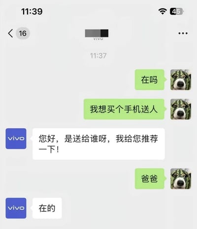 这是一张手机端社交软件的聊天记录截图，左侧账号为vivo官方客服，头像是蓝色vivo品牌标识，右侧用户的头像为戴着西瓜外皮头套的狗狗表情包。聊天内容为：用户先向客服打招呼询问“在吗”，随后告知客服自己想买手机送人，客服询问赠送对象要给用户做推荐，用户回复赠送对象是“爸爸”，客服随即应答“在的”，故意利用语义歧义伪装成用户的父亲，形成了占对方便宜的搞笑玩梗效果。