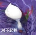 图片为紫色背景上有一个白色的鸭子形象，下方配有文字“对不起鸭”。其中“鸭”字使用了谐音梗，将“呀”替换为“鸭”，使道歉的表达更显可爱俏皮，常用于社交平台中以轻松的方式表达歉意。