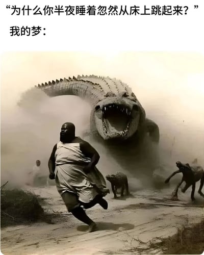 图片上方文字为“为什么你半夜睡着忽然从床上跳起来？”，下方文字“我的梦：”引出一张戏剧性场景图。图中一名穿着白色衣物的人正疯狂奔跑，身后有一只张着血盆大口的巨型鳄鱼及其他小型生物在追逐，扬起大量尘土。通过夸张的梦境场景幽默解释了半夜惊醒跳床的原因，展现了梦境的荒诞与刺激。