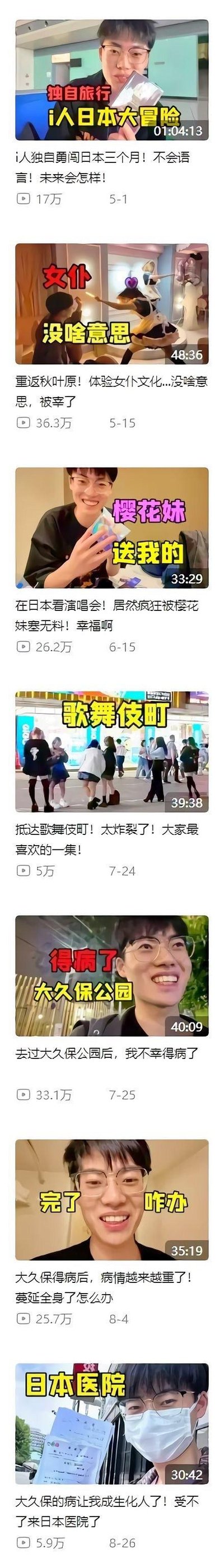 这是一位戴眼镜的中国男博主的日本旅行vlog合集截图，从2024年5月到8月持续更新，记录了他作为i人独自在日本旅居三个月的真实经历：
- 初到日本开启语言不通的冒险
- 重返秋叶原体验女仆文化却觉得被宰
- 在日本看演唱会被日本女生疯狂塞无料，幸福感拉满
- 抵达歌舞伎町分享街头见闻
- 去过大久保公园后不幸生病，后续病情加重，最终前往日本医院就诊
视频标题风格夸张吸睛，播放量从5万到36.3万不等，内容充满真实又带点戏剧化的旅行日常，无特殊双关、谐音梗或暗示内容。
