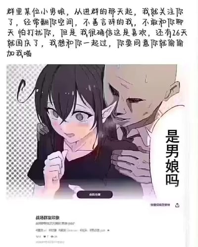 这是一张结合文字与漫画的搞笑梗图，上方是一段匿名群友的表白文案：“群里某位小男娘，从进群的那天起，我就关注你了，经常翻你空间，不善言辞的我，不敢和你聊天 怕打扰你，但是 我很确信这是喜欢，还有26天就国庆了，我想和你一起过，你要同意你就偷偷加我喵”，表达了对群里男娘的爱慕与邀约。下方是一张拼贴的漫画画面：一位长相软萌的精灵系男娘被一位神情紧张的光头大叔搂住，大叔旁边的对白气泡写着“是男娘吗”。
梗点在于：匿名表白的浪漫期待，和图里大叔试探性的尴尬场景形成强烈反差，用男娘（伪娘）的性别反差制造搞笑效果，调侃了网络亚文化里的男娘爱好者群体。
