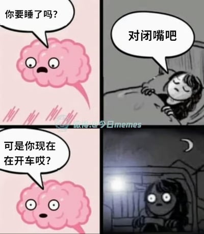 四格连环漫画，通过大脑与人物的对话制造幽默效果。左上格粉色大脑惊讶地问“你要睡了吗？”；右上格人物躺在床上闭眼不耐烦回应“对闭嘴吧”；左下格大脑震惊追问“可是你现在在开车哎？”；右下格人物在驾驶座上惊恐睁眼，背景为夜晚行车场景。通过“以为在睡觉实际在开车”的反差制造笑点。