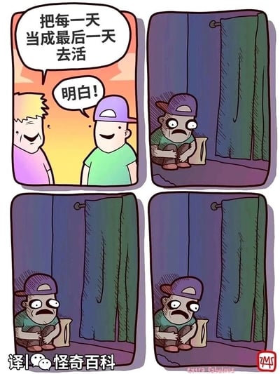 这是一幅四格连环卡通漫画，第一格中，一位黄发人物面带微笑地对戴紫色帽子、穿绿色上衣的人物说“把每一天当成最后一天去活”，绿衣人物笑着回应“明白！”；从第二格开始，场景切换到室内，绿衣人物蹲在地上，旁边放着一个袋子，表情惊恐地看着身旁的帘子；第三格和第四格中，帘子逐渐向绿衣人物靠近，他的眼神里的恐惧也愈发明显。漫画通过绿衣人物对“把每一天当成最后一天去活”这句话的极端误解，将励志话语扭曲成“自己即将面临死亡”的恐慌，用夸张的表现手法制造出荒诞的搞笑效果。