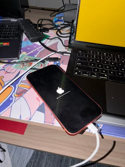 这是一张实拍的桌面场景图，桌面铺有印着动漫图案的桌垫，上面摆放着两台笔记本电脑、拓展坞、各类数据线等电子物品，画面中心是一台插着充电线的橙色边框苹果手机，手机正处于系统更新加载状态，黑色屏幕上显示白色苹果logo和更新进度条。