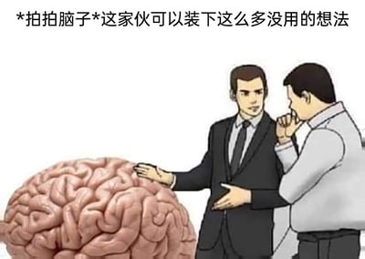 这是一张卡通风格的趣味梗图，画面左侧呈现一个被放大的巨型人类大脑，右侧有两位卡通男性角色：一位身着黑色西装的男子，一只手轻拍巨型大脑，另一只手摊开，神情带着无奈又感慨的意味；旁边的白衬衫男子则手托下巴，露出若有所思的神态。图片顶部配有文字“*拍拍脑子*这家伙可以装下这么多没用的想法”，以幽默调侃的方式，精准戳中人们日常脑海中经常冒出零散、无意义杂乱想法的状态，用夸张的巨型大脑和拍脑子的动作强化吐槽感，通过自嘲的口吻消解这种小烦恼，容易引发大众共鸣。