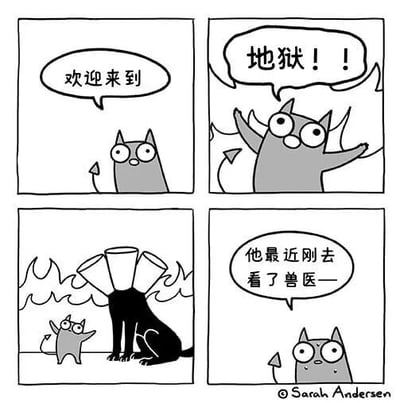 四格黑白卡通漫画，以猫咪视角制造幽默反差。第一格：灰色猫咪睁大眼睛指向右侧，气泡文字“欢迎来到”；第二格：同只猫咪双臂张开，背景出现火焰，气泡文字“地狱！！”，表情夸张；第三格：画面左侧小只灰色猫咪仰头，右侧黑色大猫戴着三个叠在一起的伊丽莎白圈（兽医常用的防舔咬项圈），背景有火焰；第四格：灰色猫咪再次出现，气泡文字“他最近刚去看了兽医——”。通过将“地狱”与宠物看兽医后戴伊丽莎白圈的经历关联，形成搞笑反转。
