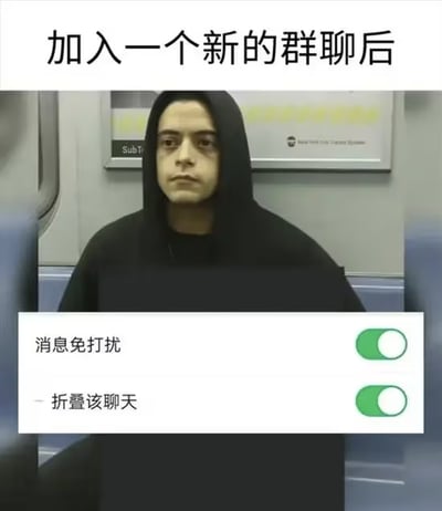 图片上方配有文字'加入一个新的群聊后'，主体是一位穿着黑色连帽衫的人坐在地铁车厢内，表情平静。图片下方叠加了两个绿色开启状态的开关按钮，分别标注'消息免打扰'和'折叠该聊天'，幽默地表现了很多人加入新群聊后的典型操作。