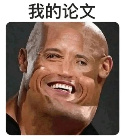 这是一张用于自嘲的搞笑表情包图片，图片上方配有黑色文字“我的论文”，主体是经过P图扭曲变形处理的美国演员道恩·强森的脸部形象。原本硬朗帅气的脸部被严重扭曲，五官错位、面部肌肉变形，露出怪异又滑稽的笑容，整体形象崩坏滑稽。创作者用这种崩坏的形象来比喻自己的论文，生动地表达出对自己撰写的论文质量不满意、觉得论文存在诸多问题的自嘲情绪，精准贴合学生或科研工作者在论文写作过程中的焦虑与自我调侃的心态，容易引发相关群体的共鸣。